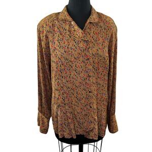 Vintage STUART LANG Tan Print Long Sleeve Button-Down Pleated Collared Shirt 12